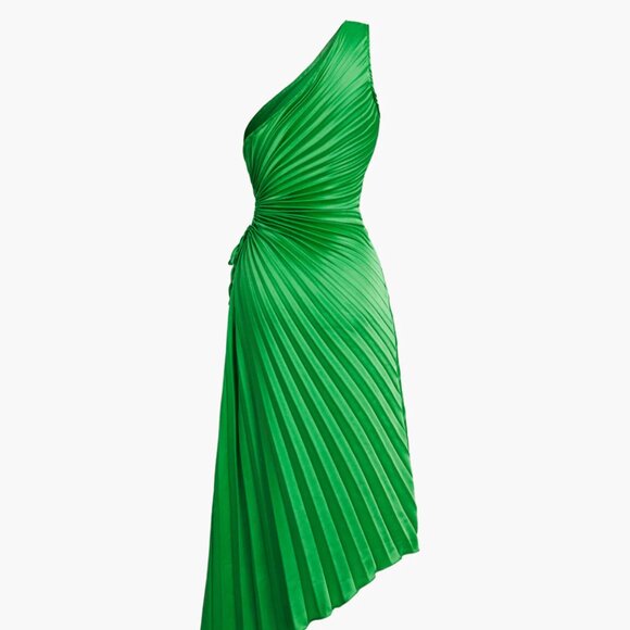 COMMENSE- Green Satin Long Cutout, One Shoulder Pleated Dress - Picture 7 of 9